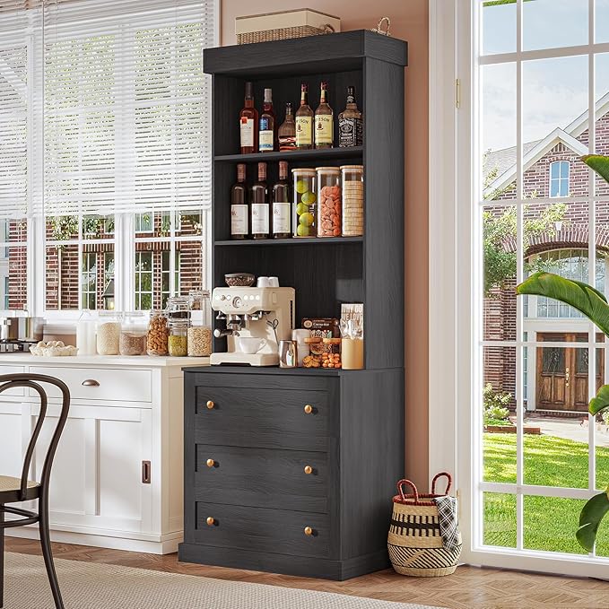 71" Farmhouse Kitchen Pantry Cabinet Set of 2, Black Freestanding Coffee Bar Hutch with Glass Doors, Drawers & Adjustable Shelves, Large Storage Cabinet with Microwave Stand for Living Room & Kitchen