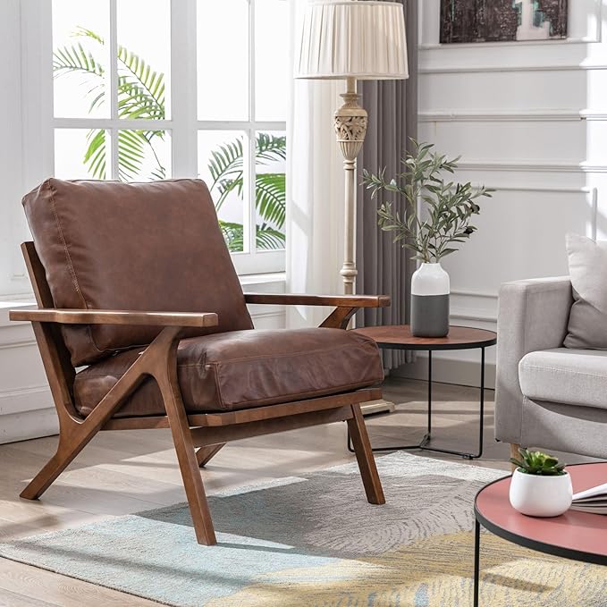 Wahson Brown Leather Accent Chair Mid Century Modern Chair, Retro Upholstered Armchair with Wood Frame and Removable PU Cushions, Large Compfy Leisure Slipper Chair for Living Room/Bedroom