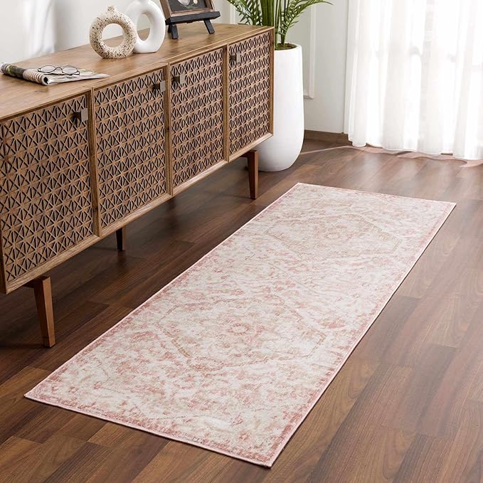 Blush & Light Pink Collection Leonora Bohemian Oriental Medallion Runner Rug - Traditional Floral Carpet for Hallway, Kitchen - Blush, Pale Pink, Cream - 2'7" x 7'3" (2x8 Runner Rug)