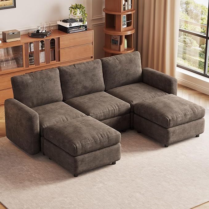 5-Seat Modular Sectional Sofa Couch with Ottoman Storage, Convertible Sleeper Sofas for Living Room Bedroom Apartment, Comfy Brown Cloud Futon Lounge Couches Furniture Set