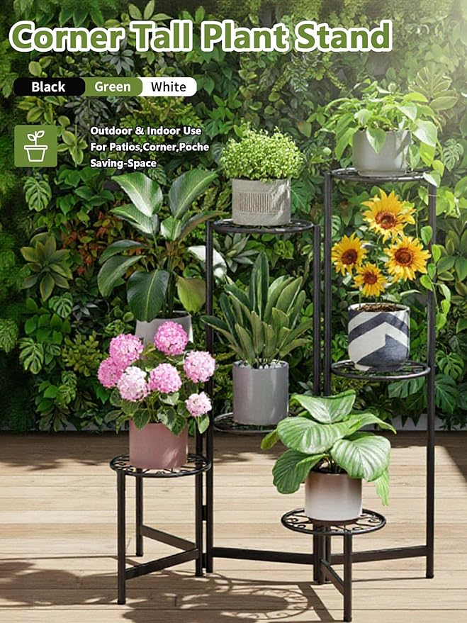 Plant Stand Outdoor 7 Tier Metal Corner Shelf Garden Livingroom Flower Stands for Indoor Plants Black Diamond