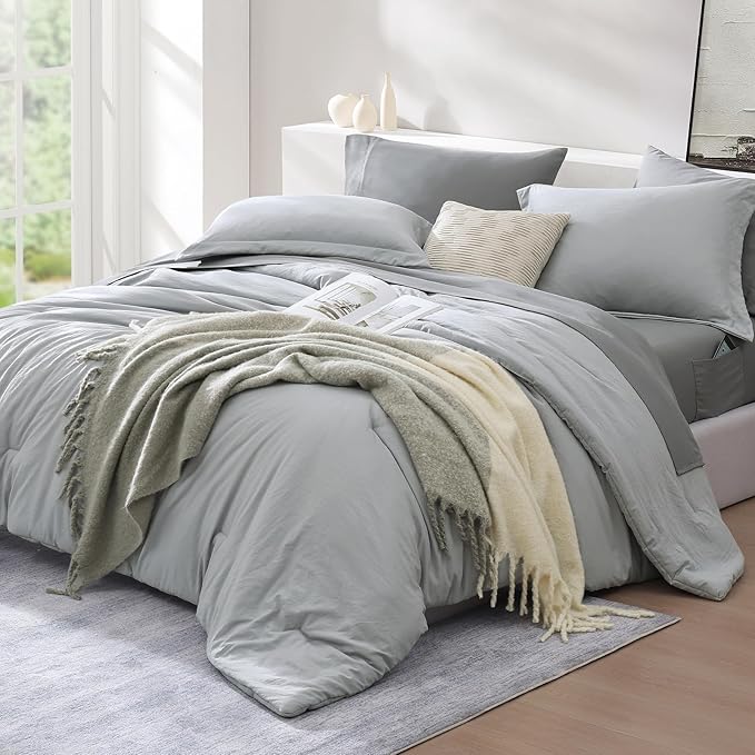 WRENSONGE Queen Comforter Set- 7 Pieces Soft Light Grey Bed in a Bag Queen with Fitted Sheet, Flat Sheet, 2 Pillow Shams, and 2 Pillowcases- Warm Bed Set for All Season