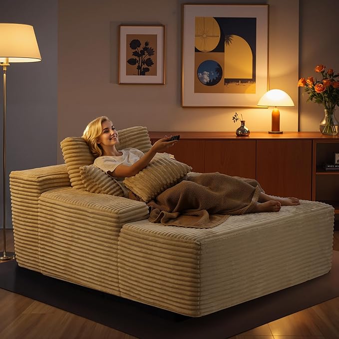 Chaise Lounge Chair Indoor, 67" Oversized Comfy Plush Fur Sleeper Sofa Bed, Boneless Upholstered Recliner Bed with Pillows and Wide Armrests, Modern Cloud Couch for Living Room, Beige