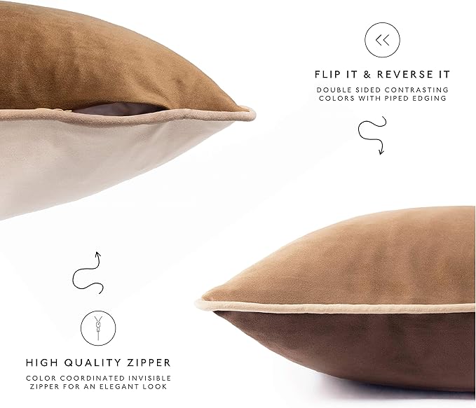 MONDAY MOOSE Decorative Throw Pillow Covers Cushion Cases, Set of 4 Soft Velvet Modern Double-Sided Designs, Mix and Match for Home Decor, Pillow Inserts Not Included (20x20 inch, Brown/Beige)