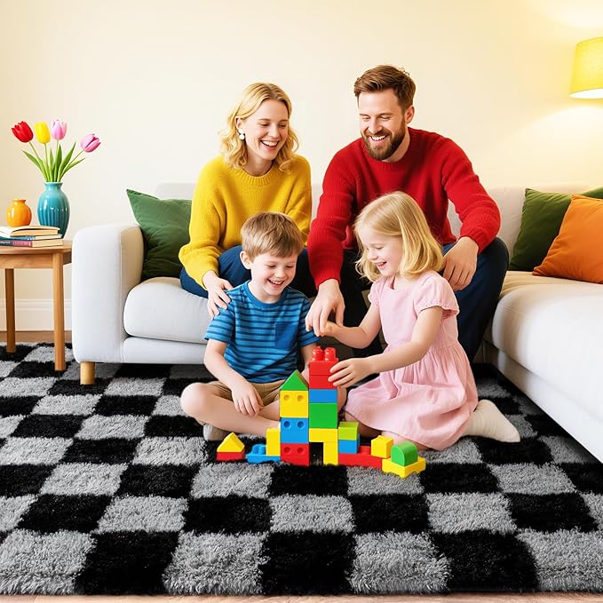 Checkered Rug for Living Room 6x9, Ultra Fluffy Fuzzy Shag Black and Grey Large Area Rug for Bedroom, Modern Plush Soft Upgrade Non-Slip Carpet for Kids Girls and Boys Room Dorm Home Decor
