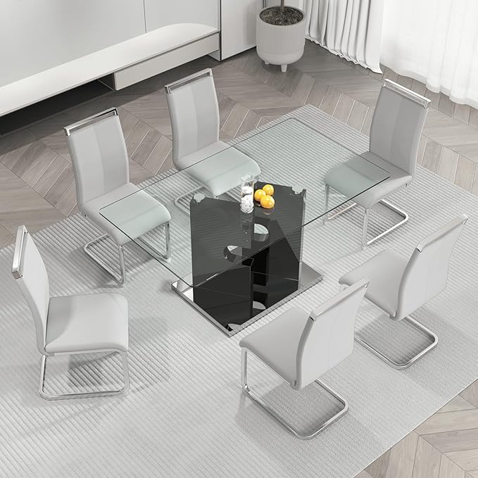 Glass Dining Table Set for 6,7 Piece Dining Table Set, Tempered Glass Table Top and Modern Design MDF Base with 6 PU Leather Ergonomic Dining Chairs