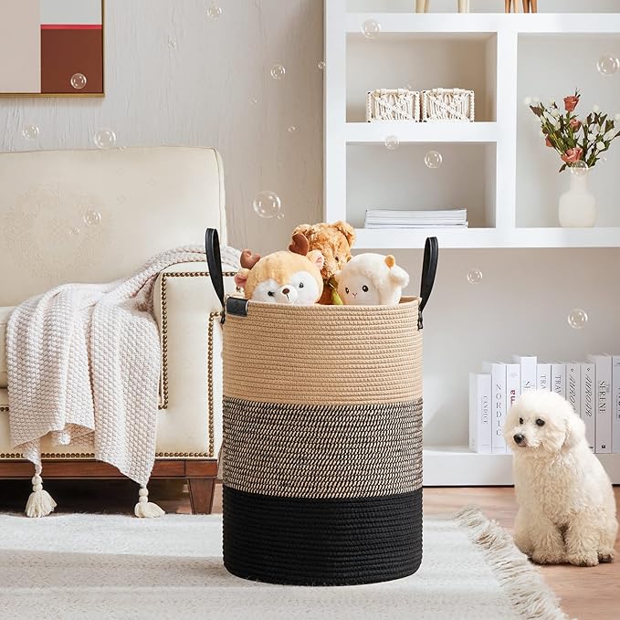 VIPOSCO Tall Laundry Basket, Large Dirty Clothes Hamper with Leather Handle, Woven Rope Storage Basket for Blanket, Toy In Living Room, Bathroom, Bedroom - 72L Brown & Black