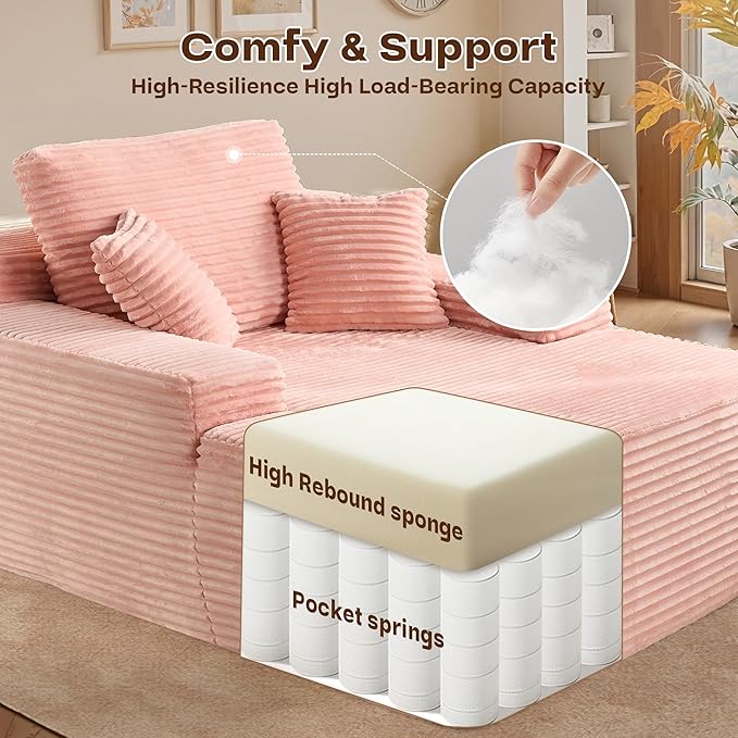 Chaise Lounge Sleeping Couch, 67" L * 48.5" W Oversized Assembly Free Modern Minimalist Sofa, Extra Deep Large Single Seat Sofa, Free Standing Floor Couch for Living Room (Pink Plush Fabric)