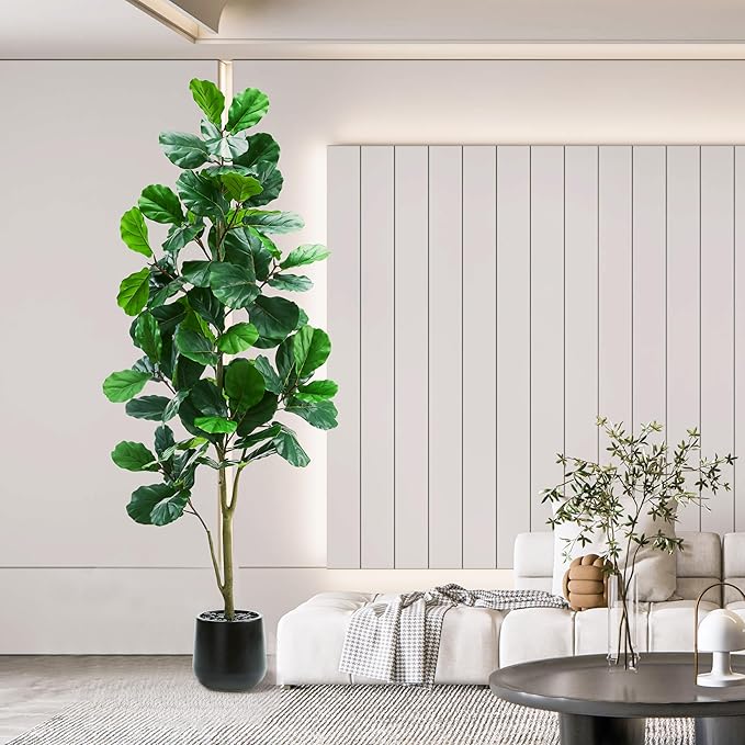 Artificial Fiddle Leaf Fig Tree：6FT Tall Faux Ficus Lyrata Plant Fake Fig Trees Realistic Green Silk Large Leaves with Natural Trunks & Pebbles in Black Planter for Indoor Outdoor Office Home.