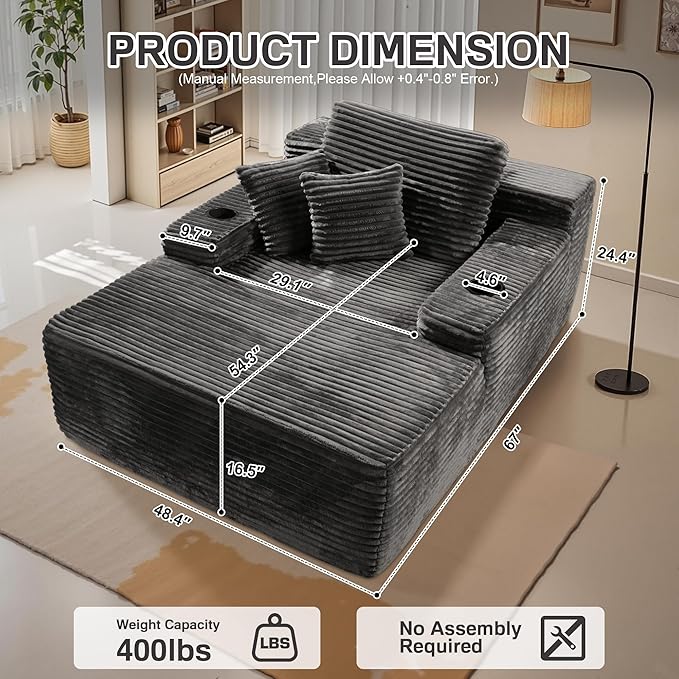 Chaise Lounge Chair Indoor, 67" Oversized Comfy Plush Fur Sleeper Sofa Bed with Cup Holders and Wide Armrests, Boneless Upholstered Recliner Bed, Modern Cloud Couch for Living Room, Grey