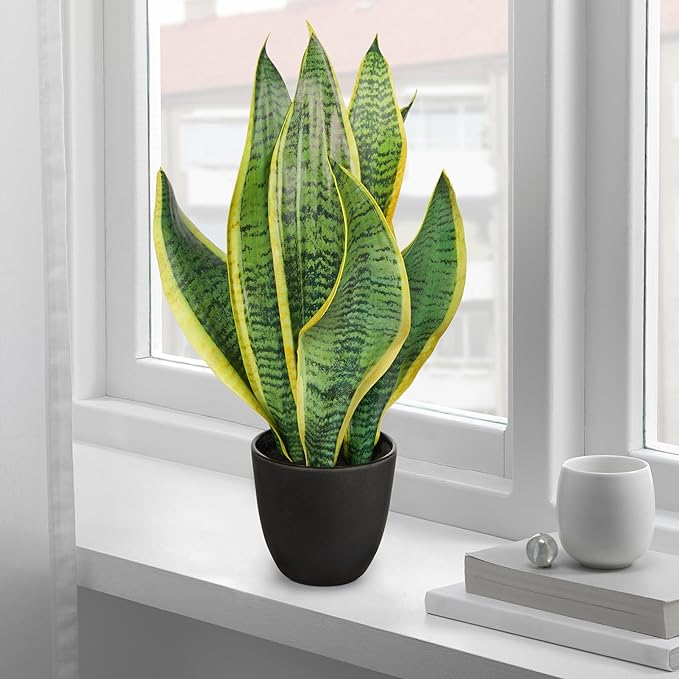 Briful Fake Plant 16 Inch Fake Snake Plant Artificial Plants Indoor Sansevieria Faux Plants with Black Pot Artificial Snake Plant for Living Room Bathroom Office Table Centerpieces Shelf Home Decor