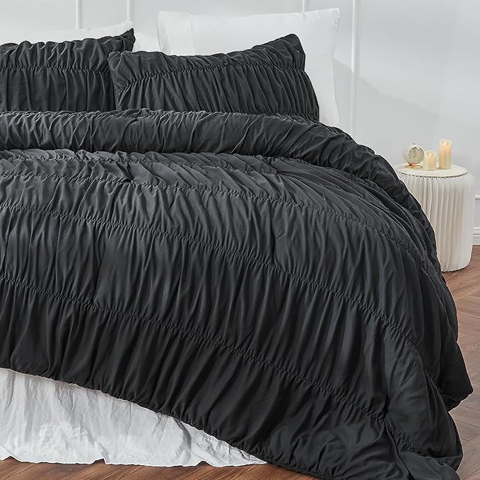 Bonlino King Size Comforter Set - Ruched Black Comforter King Bed Set Boho Shabby Chic Bedding - Fluffy 3 Piece Ruffle Comforter Set with Pillow - Soft and Luxury