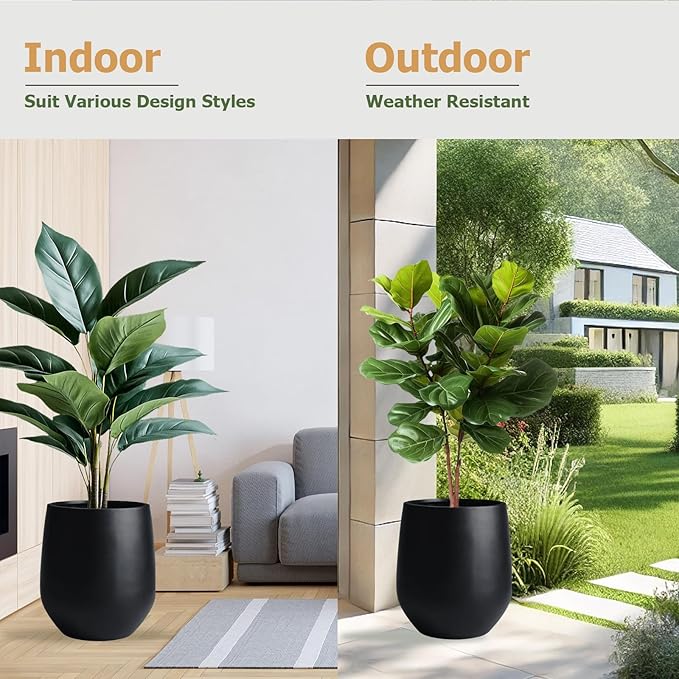 21" H x 19" D Corso Fiberstone Round Planter with Drainage Hole, Smooth Finishes, Weather Resistant for Indoor and Outdoor Use, Included 2 Extra Coco Mats (Black, 15" Pot Opening)