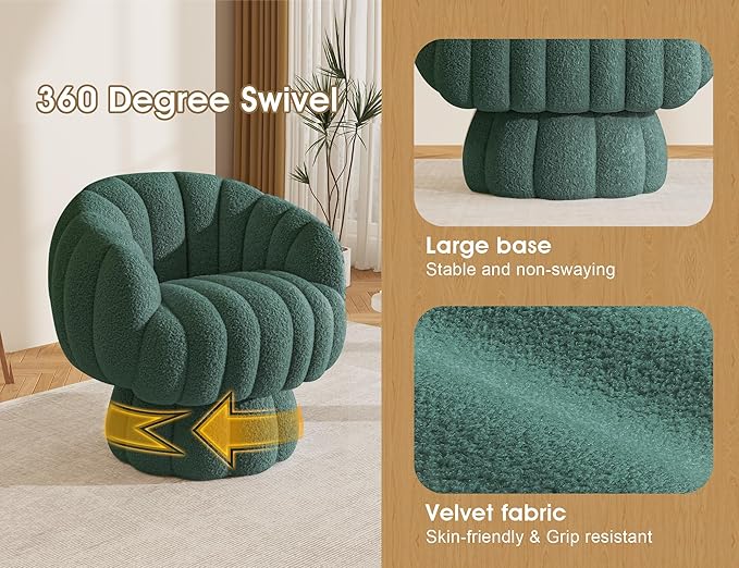 Mid Century Modern 360 Degree Barrel Swivel Accent Sofa Chair,Fluffy Sherpa Fabric Lounge Wide Upholstered Pumpkin Reading Chair, Round Cloud Armchair for Living Room,Bedroom,Vanity(Green)