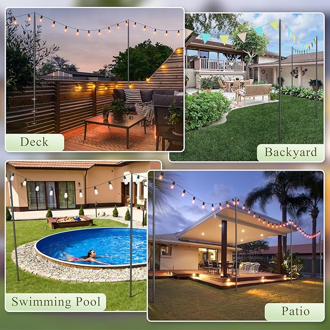 String Light Poles for Outside, 10ft Adjustable Metal Poles for Outdoor String Lights Hanging Light, Outdoor Light Poles with Fork, for Patio, Deck, Backyard, Garden (2 Pack)