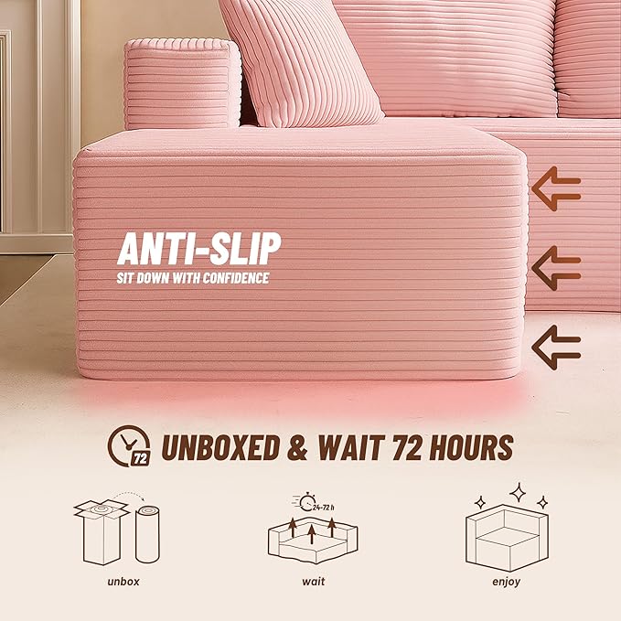 138" Boneless Couch with Deep Seat, Modular Sectional Sofa, Cloud Sectional Couch for Living Room, No Assembly Required, Corduroy, U-Shape 4 Seater Left, Pink