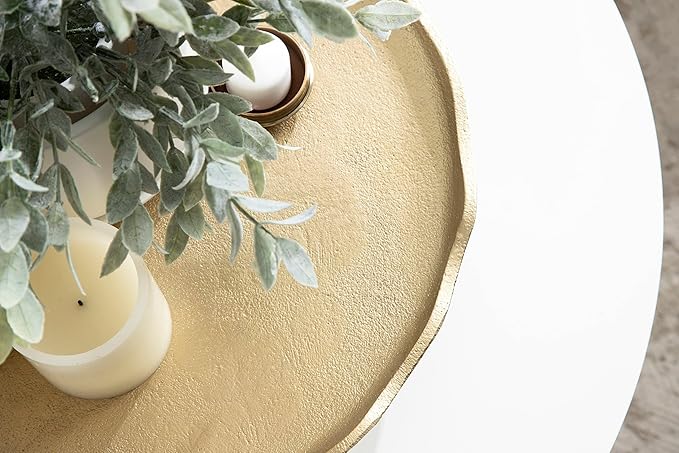 Kate and Laurel Alessia Modern Decorative Scalloped Round Footed Metal Tray; 16 Inch Diameter; Gold; Food-Safe Cast Aluminum Pedestal Transitional Tray with Rough Texture and Deckled Edge