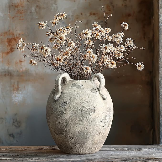 LuxenHome Rustic Ceramic Vase,11'' Gray and White Round Vase,Terracotta Large Flower Vases with Handles for Living Room Home Decor,Vintage Pottery Tall Vases Home Décor Accents