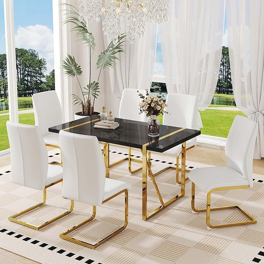 Black Dining Table Set for 6, 55" Dinner Table Set for 6, 1.5" Black Glossy Wood Tabletop with Gold Metal Legs, Modern Kitchen Table Set with 6 Bow-legged Faux Leather Chairs for Dining, Small Space