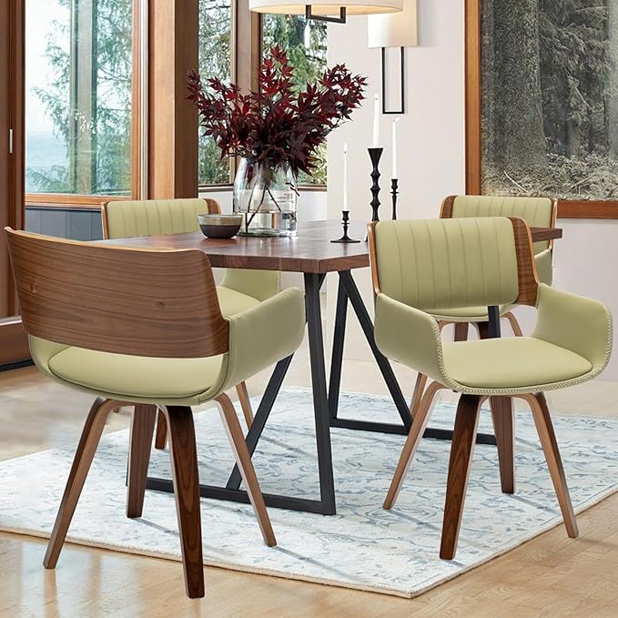 LUNLING Swivel Accent Faux Leather Dining Chairs Set of 4,Mid Century Modern Chairs with Wooden Legs/Armrest/Upholstered Seat/Adjustable Foots for Kitchen Dining Room Desk Chairs,Green