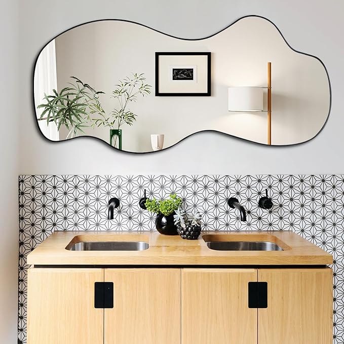 POZINO Large Irregular Mirror, Asymmetrical Full Length Mirror, 55"x25.5" Wavy Shaped Mirrors, Modern Frameless Decorative Mirrors for Dressing Living Room Bathroom Bedroom Hallway Entryway