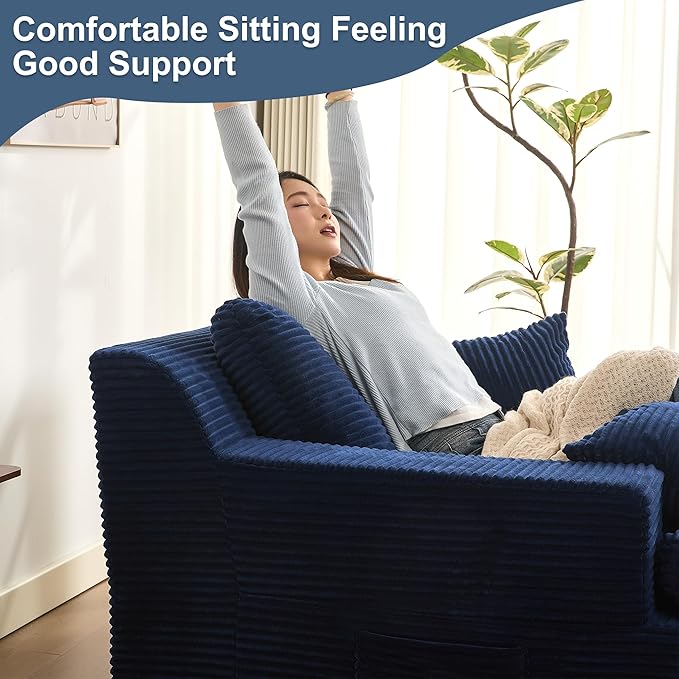 63" Oversized Chaise Lounge Chair Indoor, Extra Cloud Layer, Convertible Sleeper Sofa Couch with Removable Pillows & Side Pockets, Corduroy Upholstered Sofa Bed with Armrests for Living Room, Blue