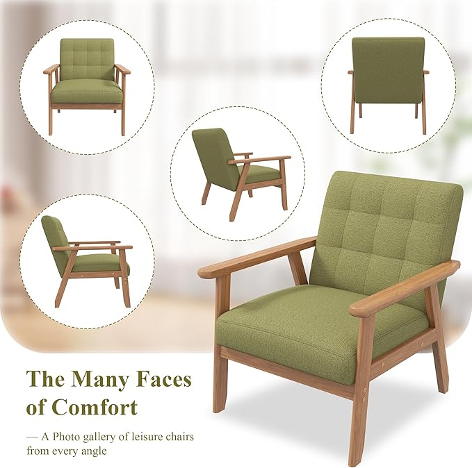 Westice Accent Chairs Set of 2 with Side Table, Mid-Century Modern Leisure Chairs with Coffee Table, Retro Wood Armchair, Comfy Lounge Side Chair for Living Room, Bedroom, Green Linen & Natural Frame