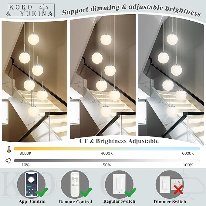 KoKo&Yukina Globe Pendant Light 6 Light Nickel Globe Pendant Lights Kitchen Island Mid Century Light Fixture with Milky White Glass Shade Lights for Staircase