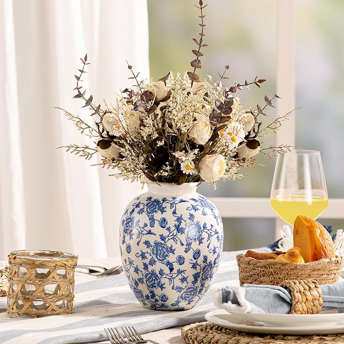 Ceramic Flower Vase, Blue and White Vintage Decorative Vase Chinoiserie Decor Rustic Farmhouse Retro Floral Vases for Table Bookshelf Mantel Kitchen Living Room Office - 7.8inch