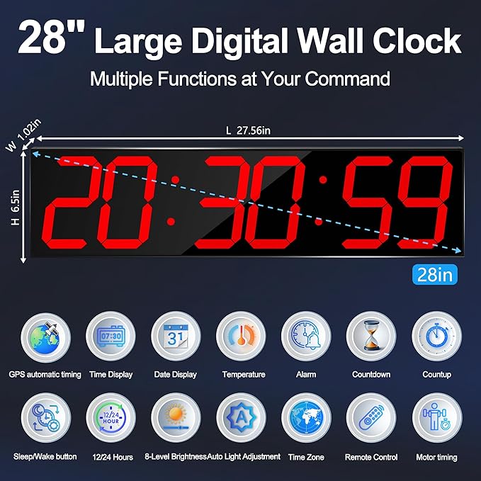 Large Digital Wall Clock 28" with GPS Auto-Sync, Remote Control & Timer, Wall-Mounted for Classroom, Office, Gym, Conference Room