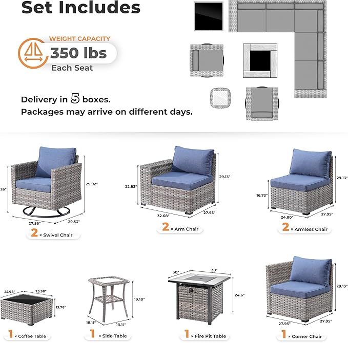 ovios 10 Pieces Patio Furniture Set, Outdoor Wicker Sectional Sofa with 30" Fire Pit Table Swivel Chairs, Modern Modular Deep Seat Rattan Couch Conversation Sets, Denim Blue