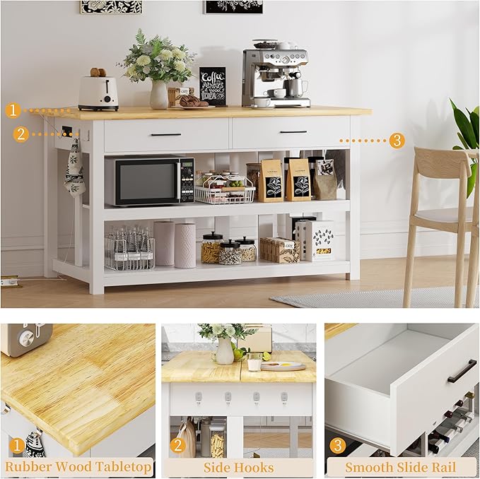 47.3" Solid Rubberwood Kitchen Island with Power Outlets - Extra Large Work Surface, 2 Drawers & Open Shelves Storage Cabinet for Kitchen Dining Room, Farmhouse Style (White)
