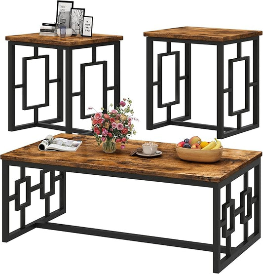 Recaceik Rectangle Coffee Table and End Table Set of 3, Modern Vintage Dark Brown Coffee Table and Side Table for Living Room, Office, Apartment, Small Space