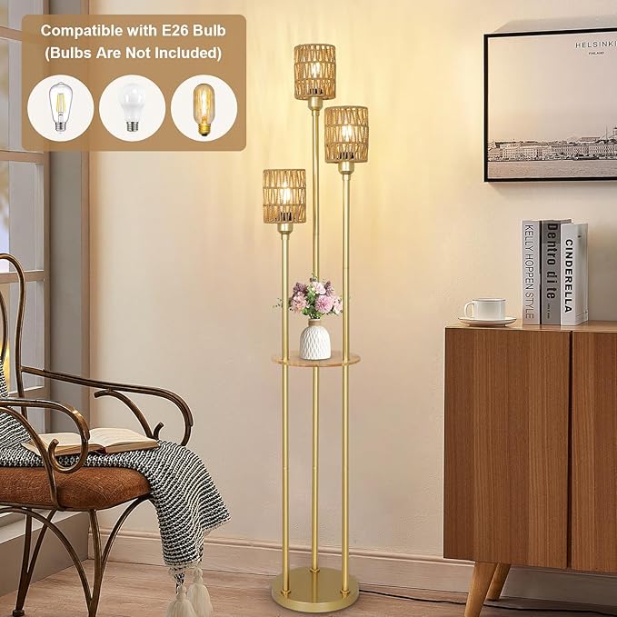 Boho Floor Lamp with Shelves, 3-Lights Farmhouse Tall Floor Lamp with ON/Off Foot Switch, Gold Modern Floor Lamps with Rattan Shades, Rustic Standing Lamp for Living Room, Bedroom, Office
