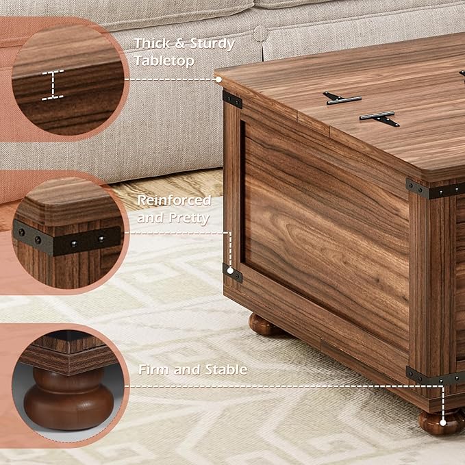 Farmhouse Coffee Table with Storage, Large Square Coffee Table with Wood Gourd Feet and Hydraulic Gas Rod for Living Room, Walnut