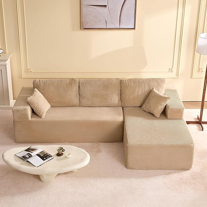 107" Boneless Couch with Deep Seat, Modular Sectional Sofa, Cloud Sectional Couch for Living Room, No Assembly Required, Corduroy, L-Shape Right，Camel