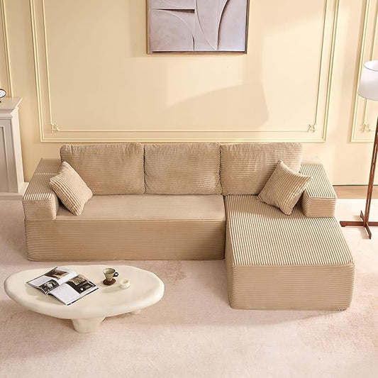 107" Boneless Couch with Deep Seat, Modular Sectional Sofa, Cloud Sectional Couch for Living Room, No Assembly Required, Corduroy, L-Shape Right，Camel