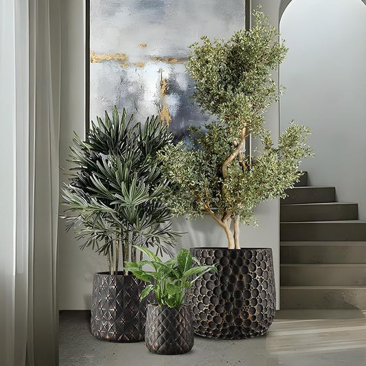 Craft flowerpots 18"+13"+9" Dia Round Concrete Planter Set of 3 Large Outdoor/Indoor Planter Pots Containers with Drainage Holes and Rubber Plug for Home Garden (Black, Large)