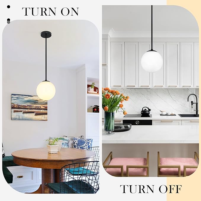 8" Globe Pendant Light Black Mid Century Modern Light Fixture Milk Glass Pendant Light Globe Pendant Lights Kitchen Island Matte Black Finished with Milk Glass Lampshade for Dining Room