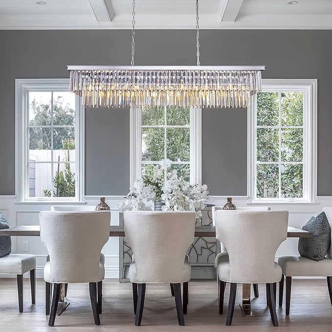 Wellmet Chrome Chandelier 57 inch, 13-Light Modern Rectangular Crystal Chandelier Ceiling Hanging, Linear Chandeliers Light Fixture for Living Room, Dining Room, Bedroom, Kitchen Island
