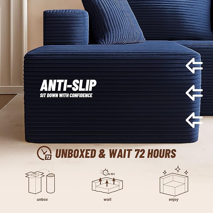 138" Boneless Couch with Deep Seat, Modular Sectional Sofa, Cloud Sectional Couch for Living Room, No Assembly Required, Corduroy, 4 Seater L-Shape Right, Blue