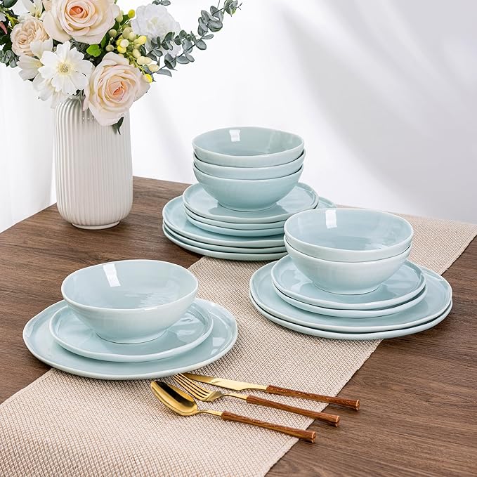 LERATIO Ceramic Dinnerware Sets for 6,Porcelain Plates and Bowls Sets with Wavy Edge,Microwave & Dishwasher & Oven Safe,Light Weight & Scratch Resistant Dishes Sets-Light Blue(18pcs)