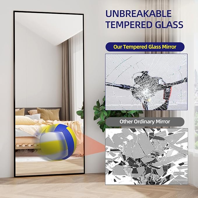 71"x32"Full Length Mirror with Stand,Black Large Mirror,Shatterproof Tempered Glass&Aluminum Alloy Frame,Freestanding Full Body Mirrorr for Bedroom,Living Room, Dressing Room