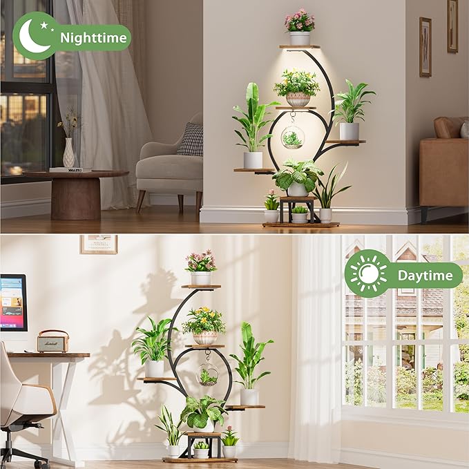 Plant Stand Indoor with Grow Lights - 6 Tiered Plant Shelf Indoor, 49" Tall Corner Plant Stands for Indoor Plants, Lighted Flower-Shaped Holder Stand, Display Rack for Living Room, Patio（Black)