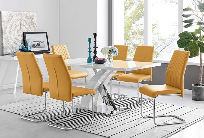 Atlanta Modern Rectangle Chrome Metal High Gloss White Dining Table and 6 Mustard Lorenzo Chairs Set