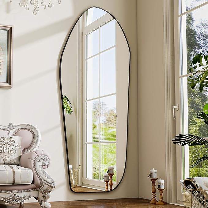 BEAUTYPEAK Irregular Full Length Mirror - 67x24 Inch Black Framed Modern Mirrors, Unique Shape Vanity Wall Mirror for Living Room Bedroom Entryway Hallway