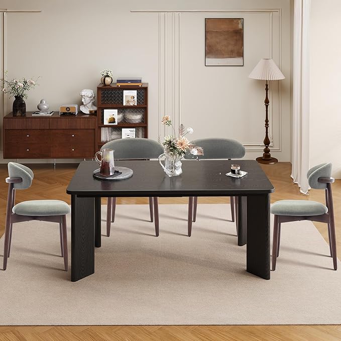 7-Piece Rectangular Dining Table Set for 6, 63" Industrial Kitchen Table with 6 Wooden Upholstered Dinner Chairs for Dining Room, Kitchen, Living Room, Black+Green