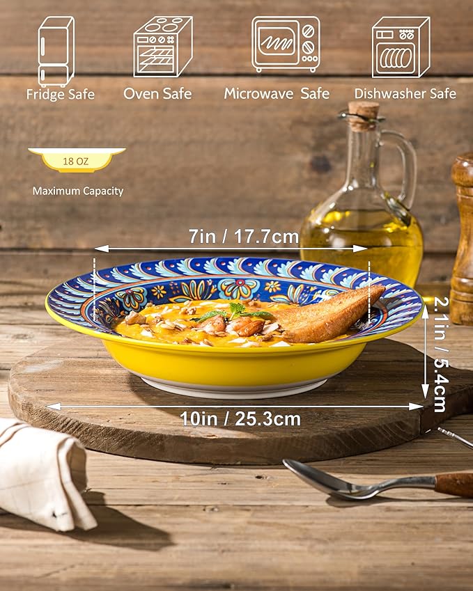 Soup and Pasta Bowls/Plates Set of 4-18 Oz Wide Rim, Porcelain Serving Bowls for Kitchen, Deep Dinner Plates - Microwave & Dishwasher Safe - Bohemian Style