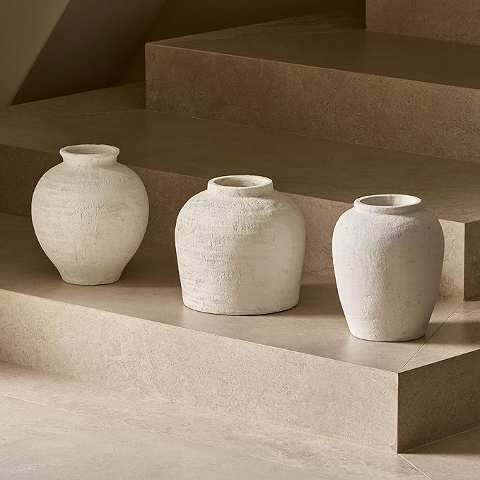 LB2 Large White Ceramic Vase, 11" Tall Zen Style vase, Terra Cotta Pitcher Vase, Distressed Farmhouse Decor, Pottery Decorative Flower for Home Decor (H 11.8" X 11")