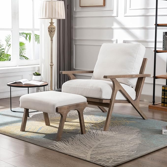 Wahson Set of 2 Mid Century Arm Chairs and Ottomans, Upholstered Accent Armchair with Wood Frame and Linen Cushions, Leisure Slipper Chair for Living Room/Bedroom, Cream